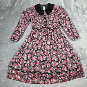 Vintage Sylvia Whyte Dress Girls 7 Pink Black Floral Prairie Cottagecore